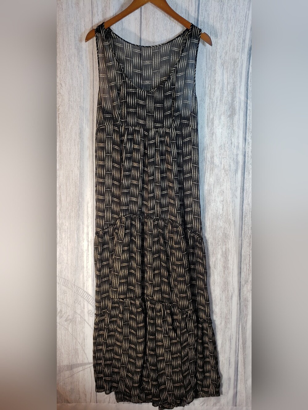 Leon Max Silk Sheer Sleeveless Maxi Dress Black Basketweave Tiered Size 10